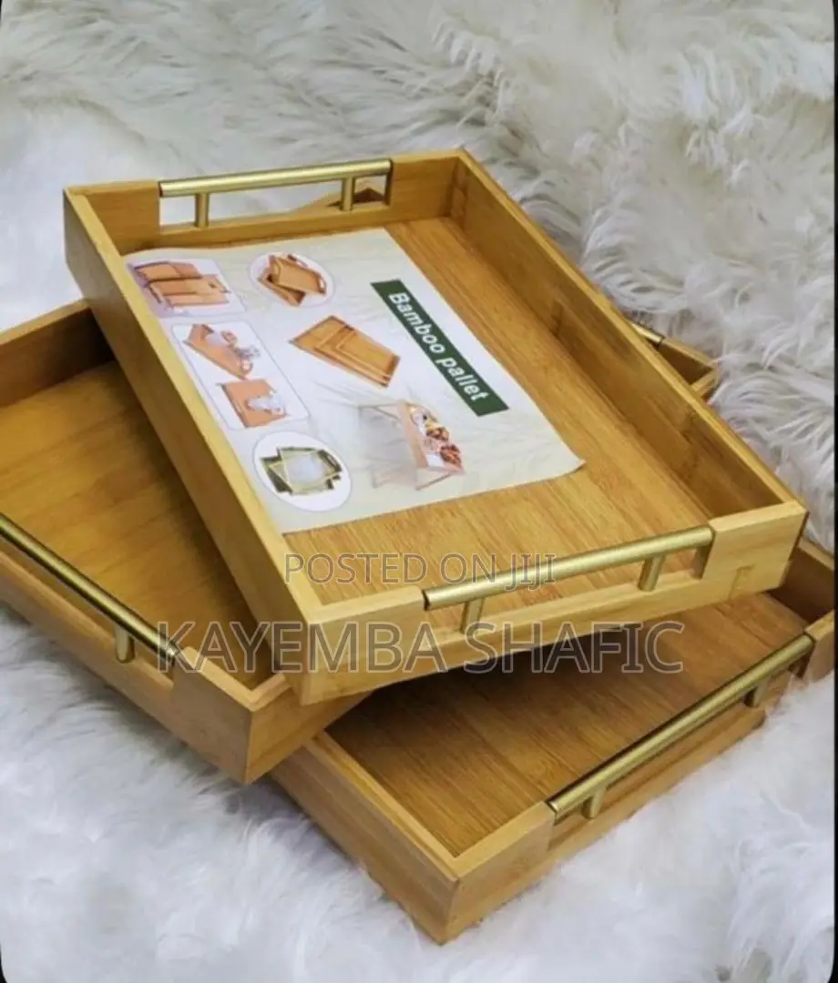 Rectangular Bamboo Serving Trays With Gold-Colored Metal Handles