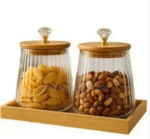 Set of Two Fluted Glass Storage Jars With Bamboo Tray and Crystal