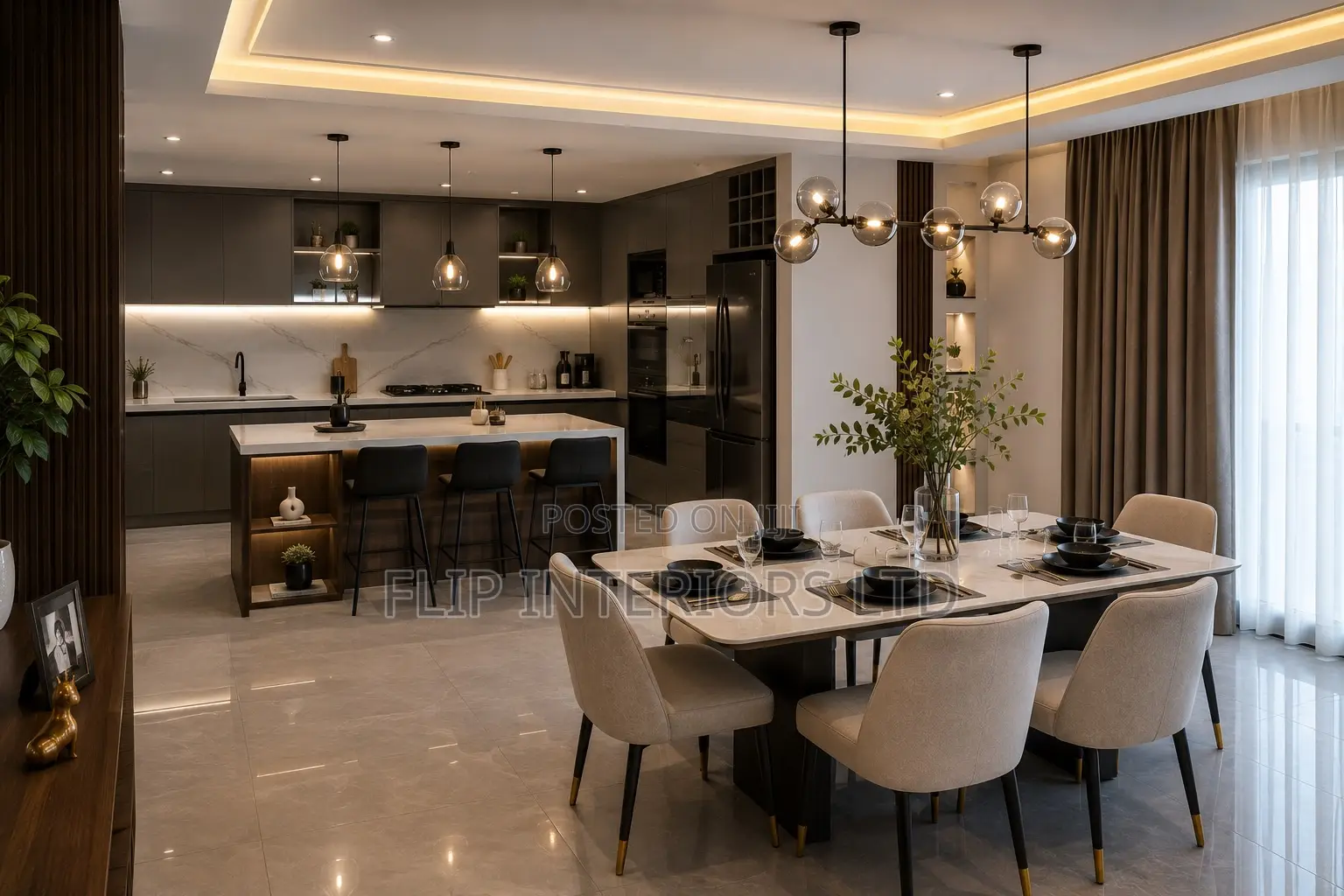 Contemporary Open Kitchen Dining Interior Services