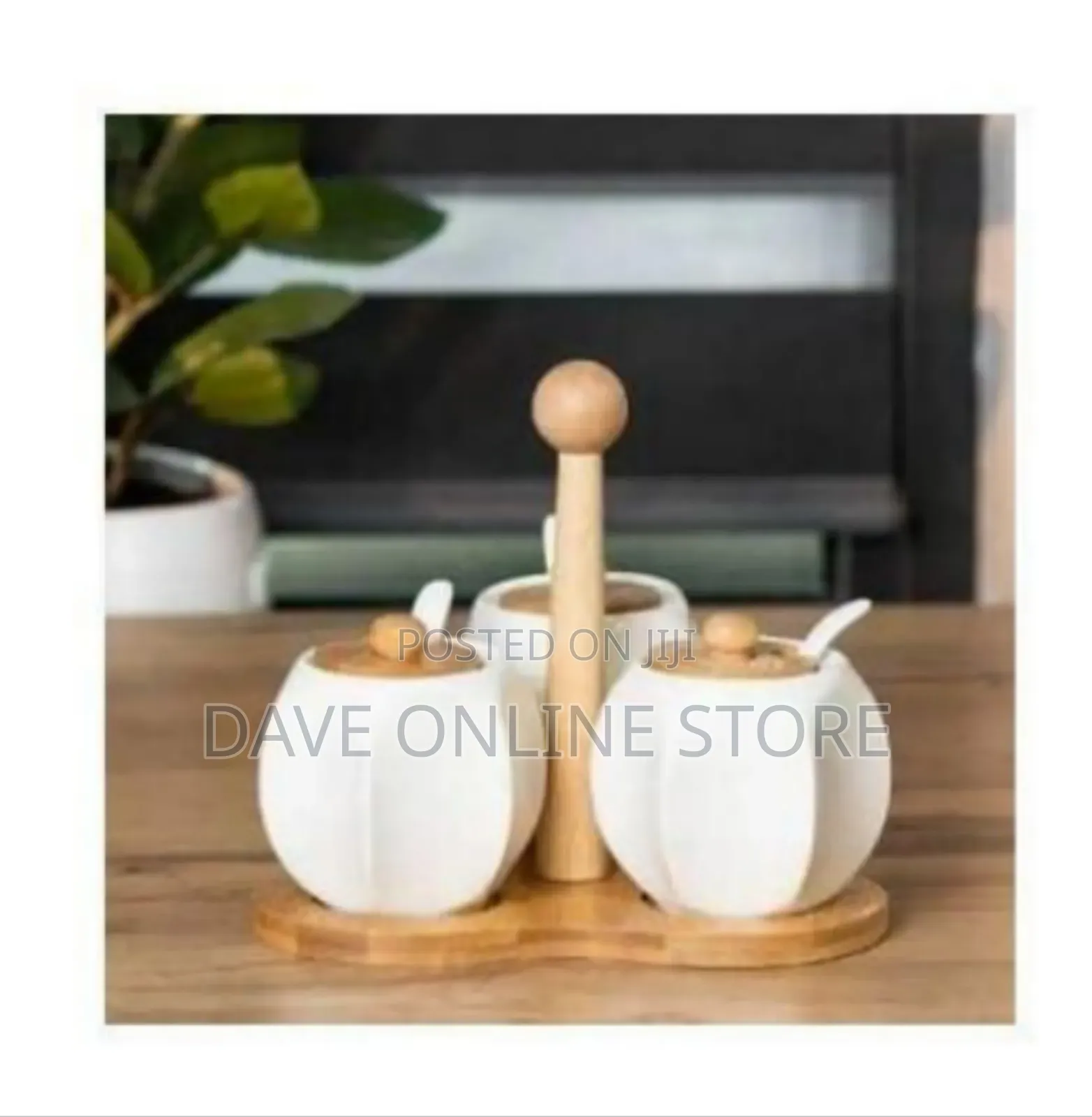 Ceramic Condiment Serving Set With Bamboo Stand