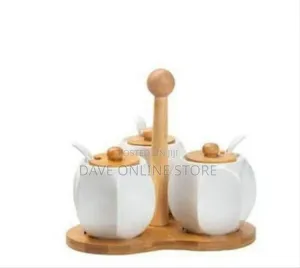 Ceramic Condiment Serving Set With Bamboo Stand