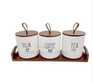Ceramic Sugar, Coffee, and Tea Canister Set With Wooden Tray and Lids