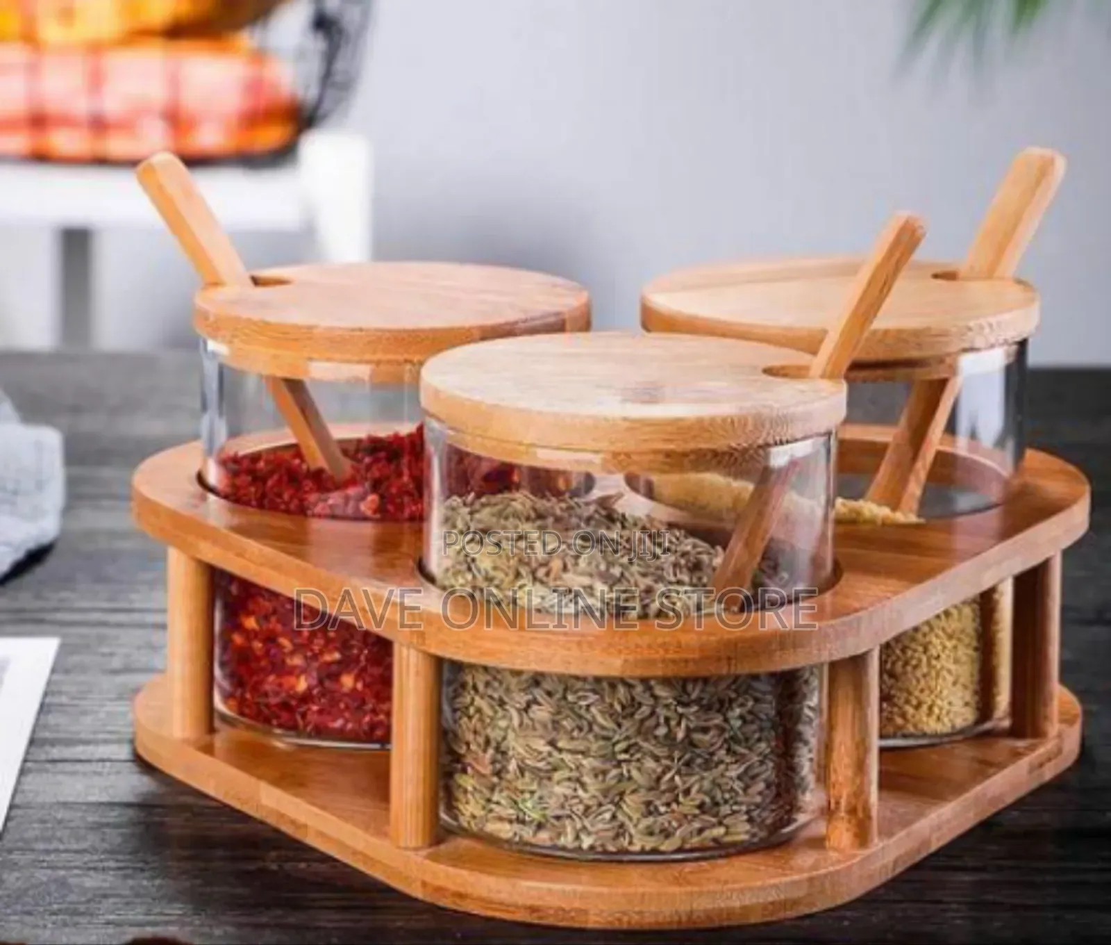 3-Piece Rotating Condiment Set With Clear Jars and Wooden Accessories