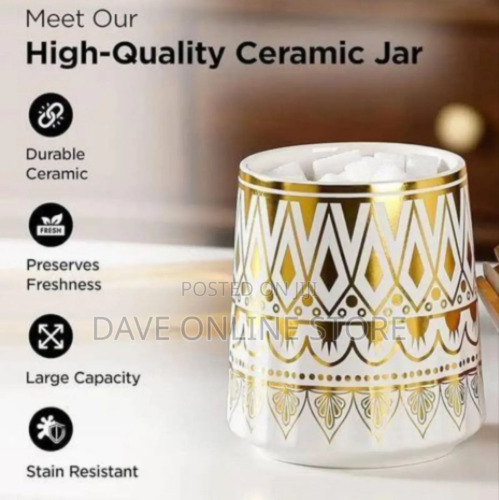 Elegant Ceramic Canister Set With Gold Geometric Pattern and Bamboo