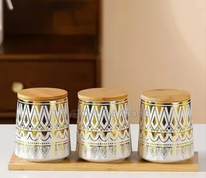 Elegant Ceramic Canister Set With Gold Geometric Pattern and Bamboo