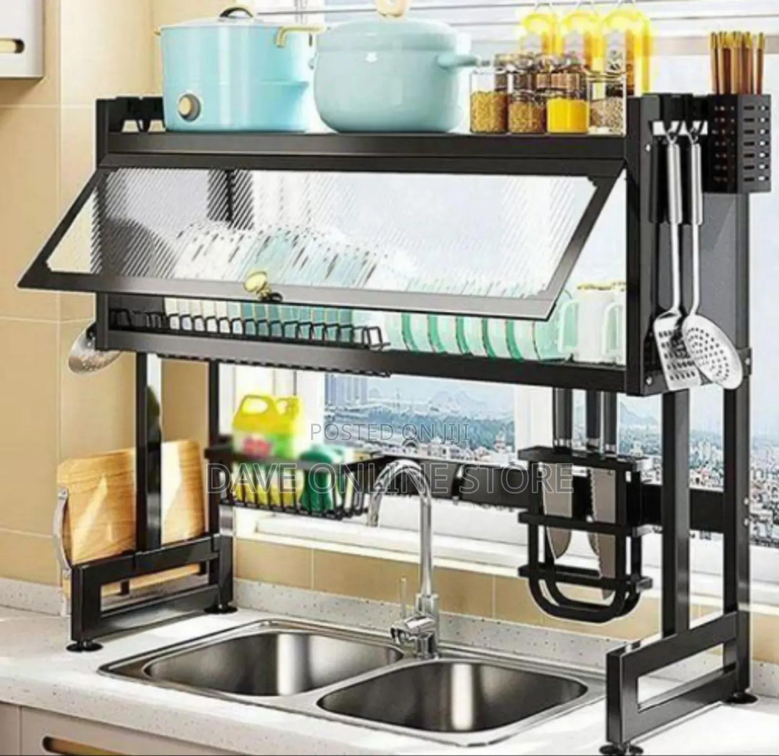 Sink Top Dish Rack With Lid to Keep Utensils Free From Dust-Black