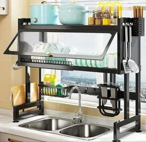 Sink Top Dish Rack With Lid to Keep Utensils Free From Dust-Black
