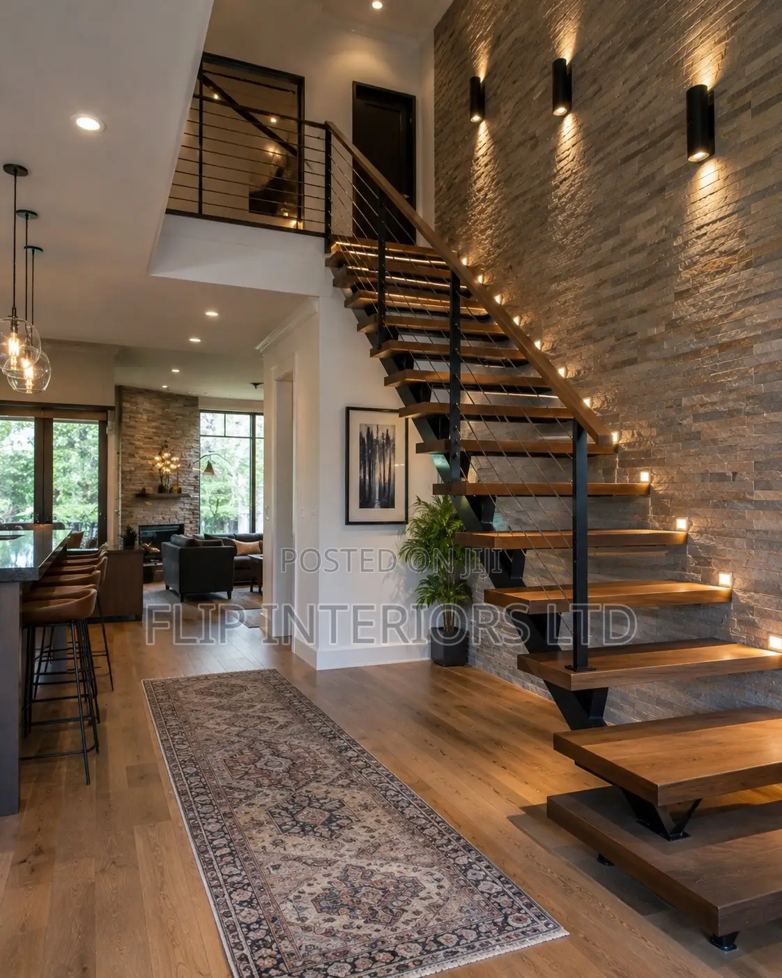 Contemporary Floating Staircase Stone Feature Wall Interior Solution