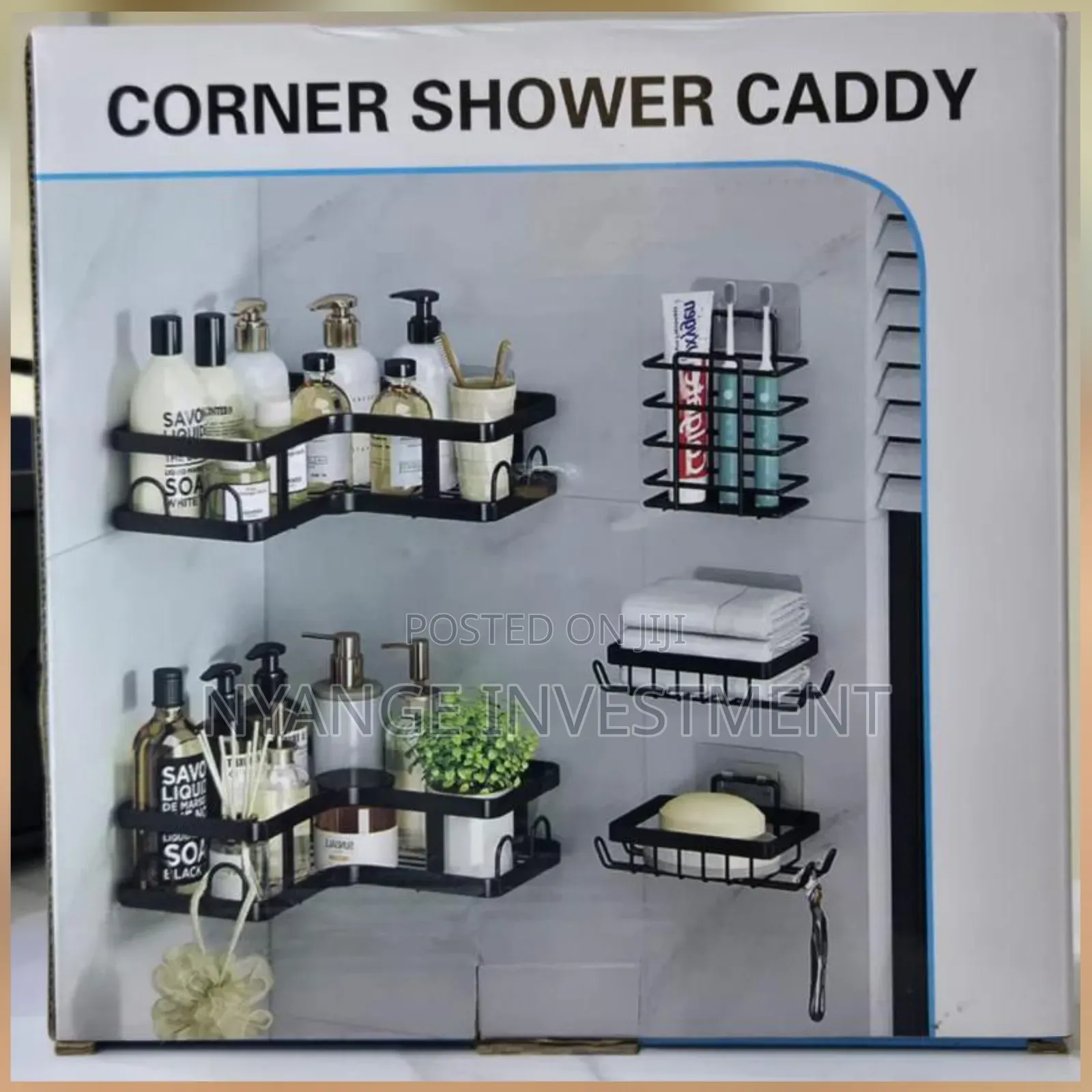 5-Piece Black Metal Corner Shower Caddy Set.