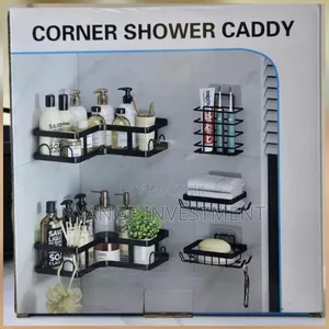 5-Piece Black Metal Corner Shower Caddy Set.