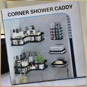 5-Piece Black Metal Corner Shower Caddy Set.