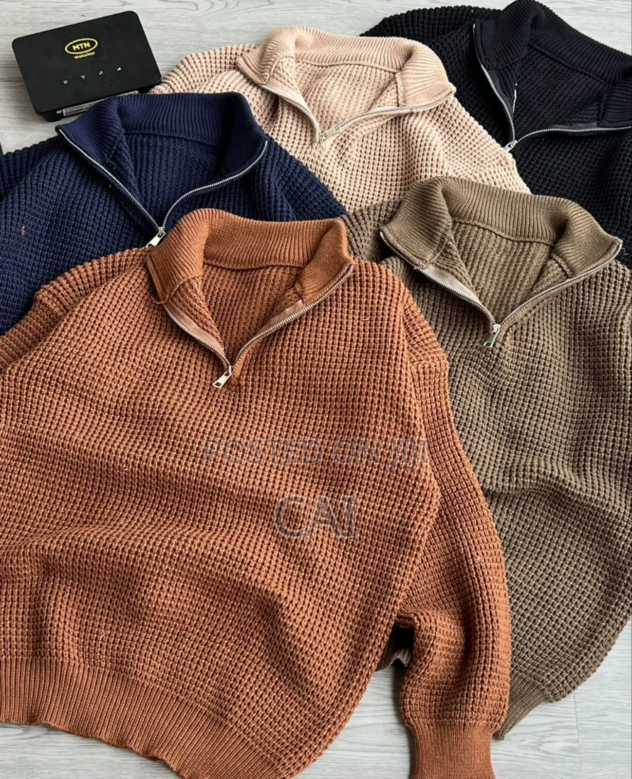 Generic Unisex Waffle-Knit Quarter-Zip Sweaters.