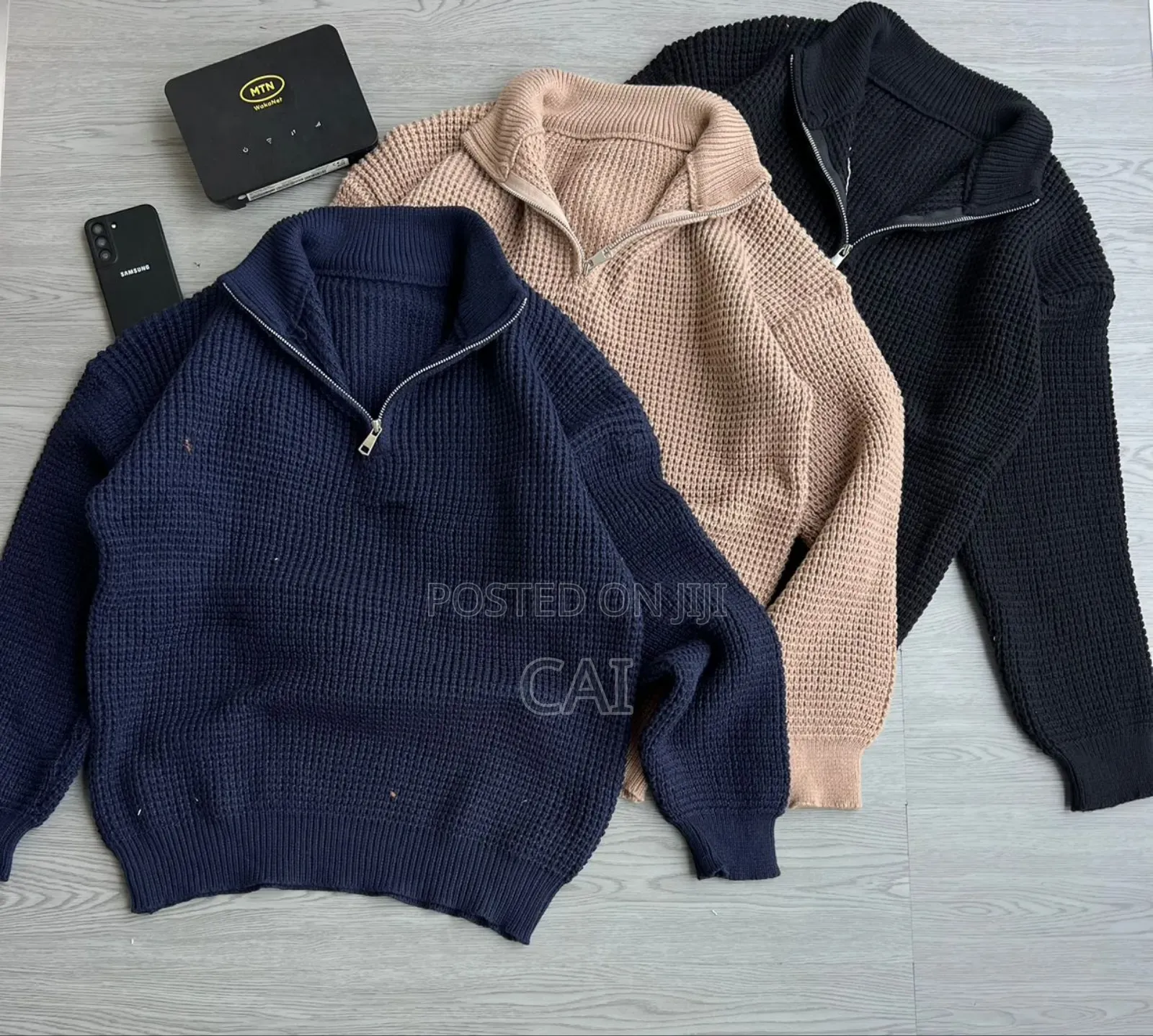 Generic Unisex Waffle-Knit Quarter-Zip Sweaters.