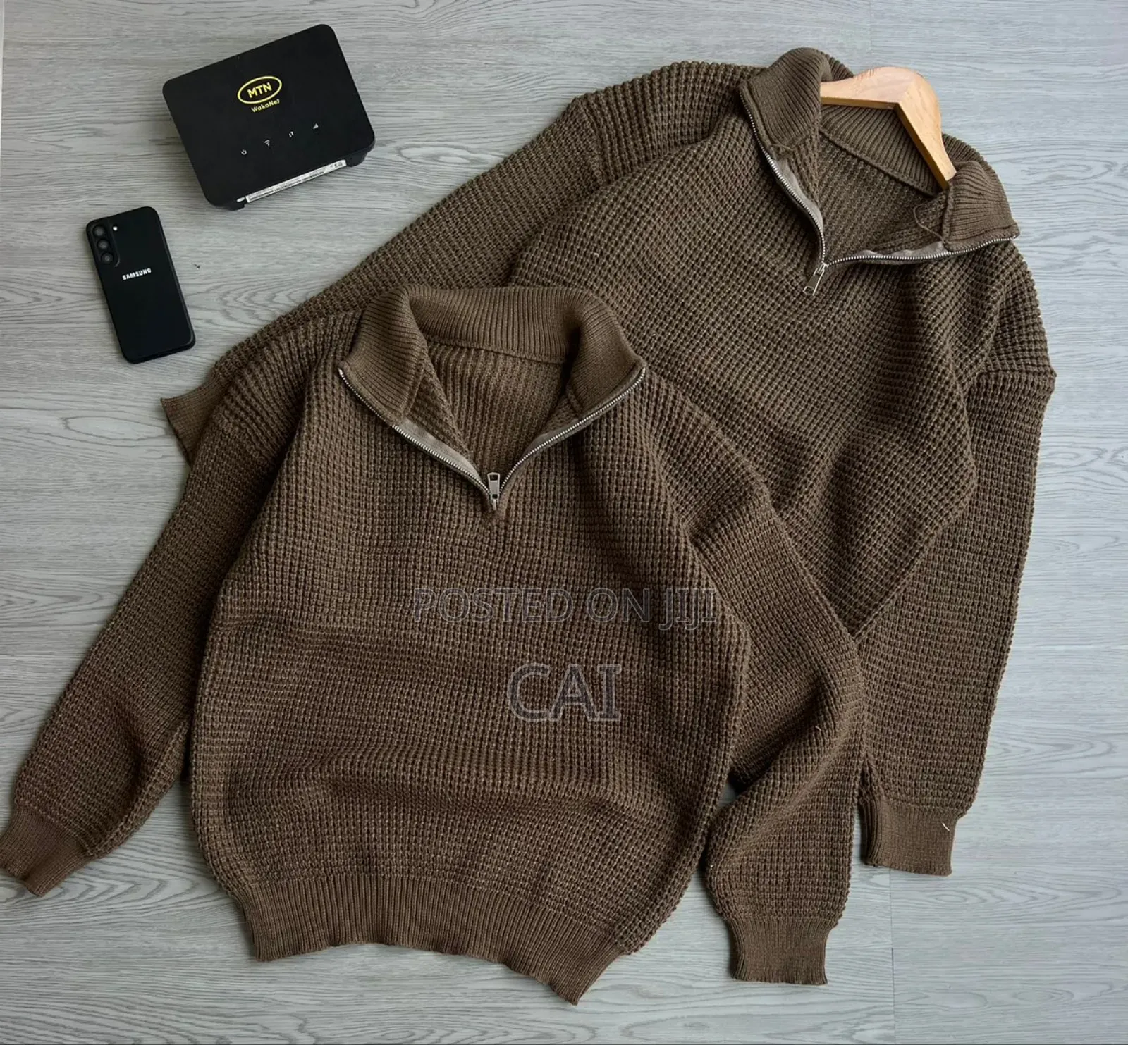 Generic Unisex Waffle-Knit Quarter-Zip Sweaters.