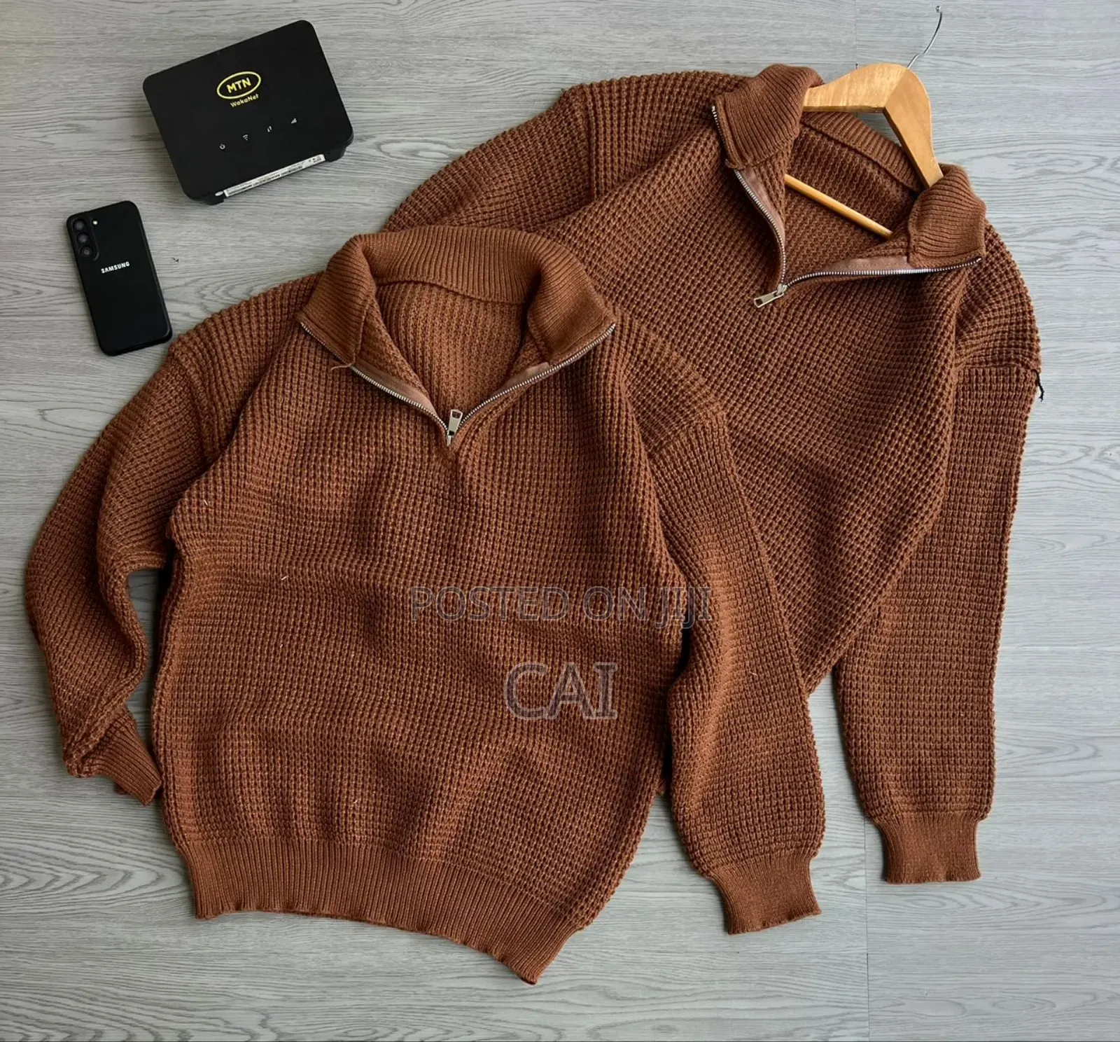 Generic Unisex Waffle-Knit Quarter-Zip Sweaters.