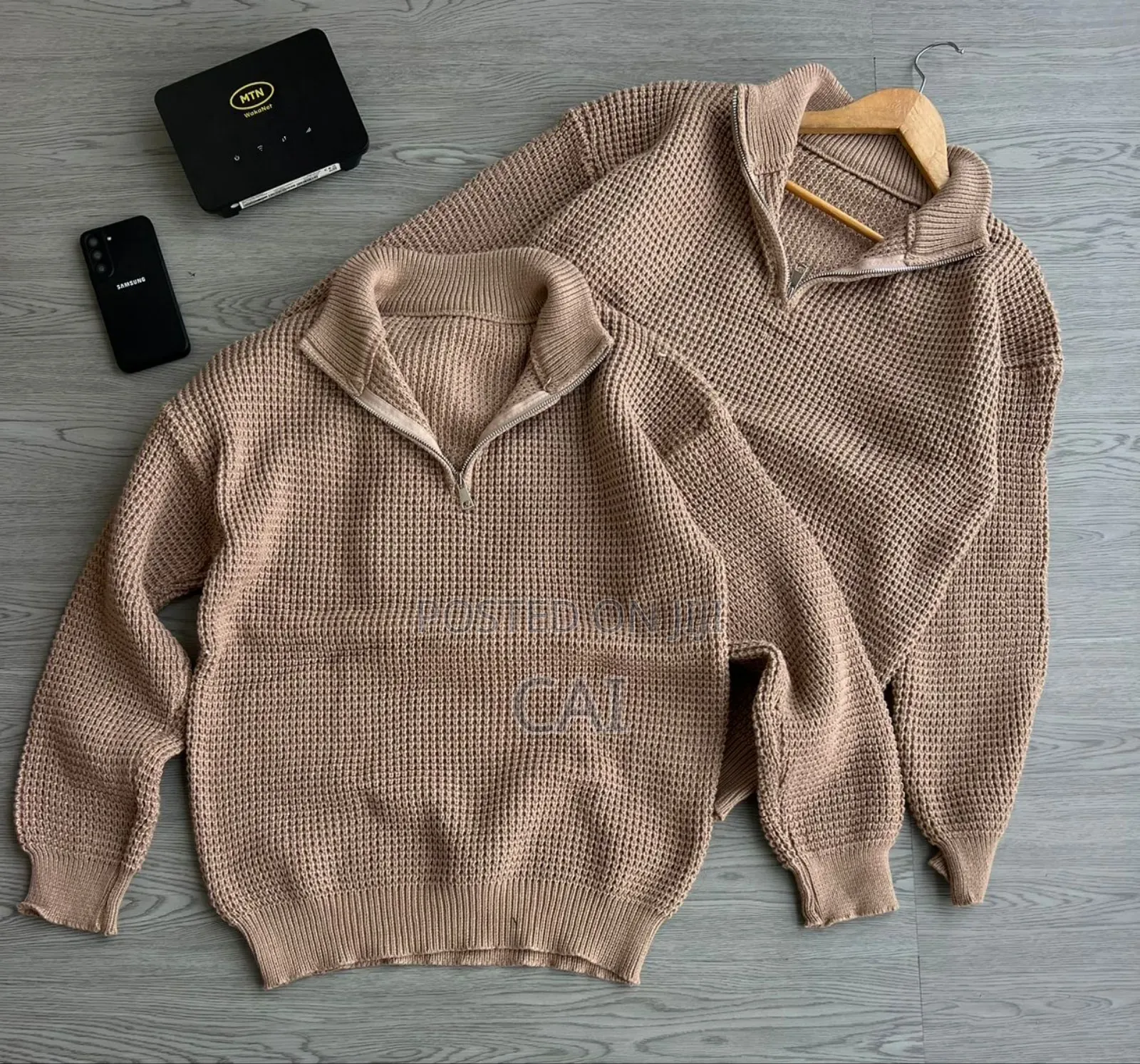 Generic Unisex Waffle-Knit Quarter-Zip Sweaters.