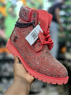 Timberland Boots Customized With Rhinestones. Red, Yellow