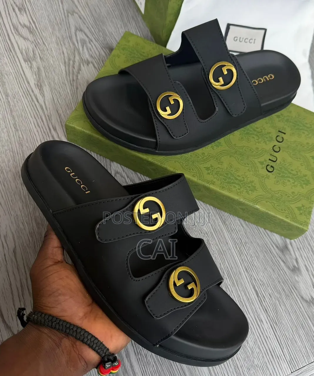 Gucci Black Leather Slide Sandals