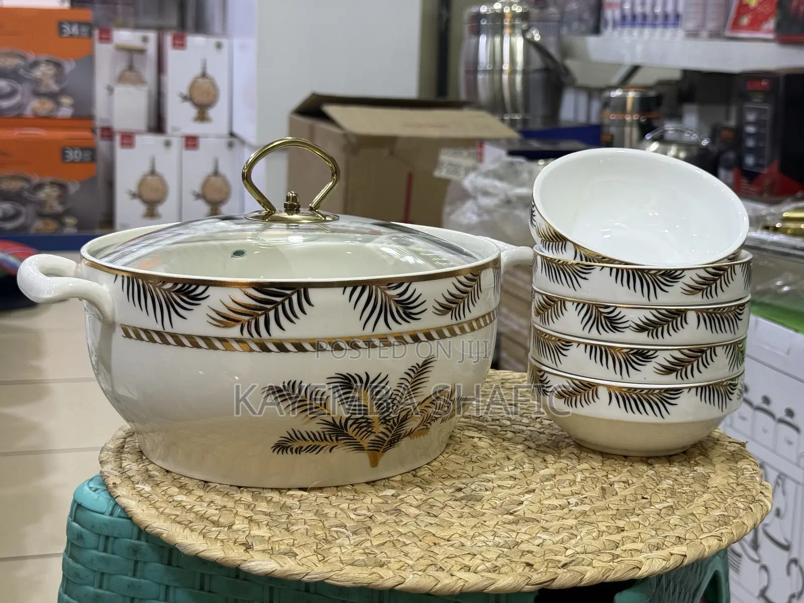 Elegant Gold Palm Leaf Ceramic Serving Set.