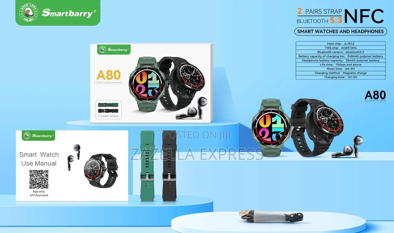 Smartbarry A80 Smart Watch With Built in Earbuds , Strap, Bluetooth 5