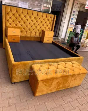 Burton Brown Bed With Two Side Drawers and Ottoman