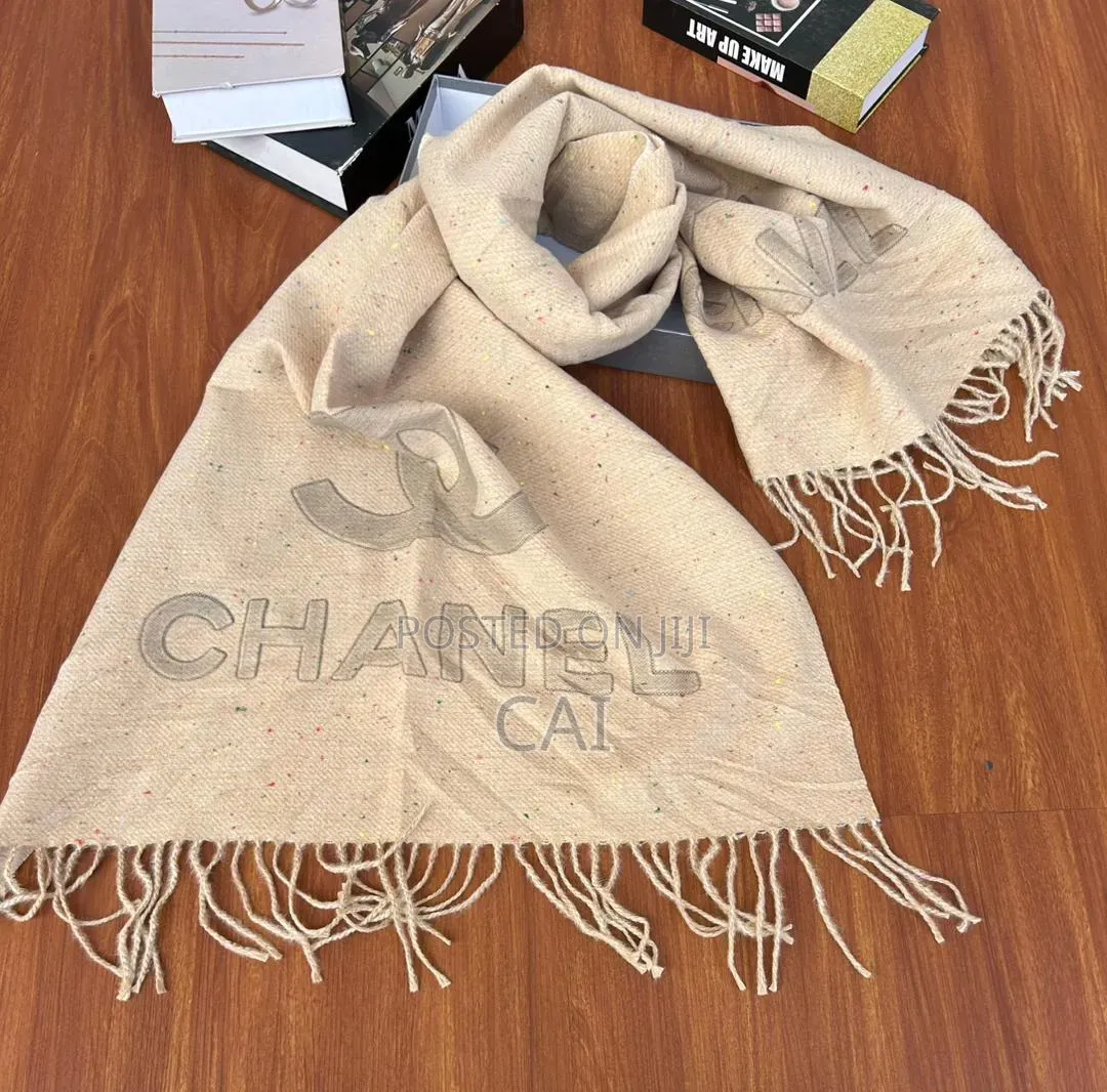 Chanel Beige Cashmere Stole With Double C Logo.