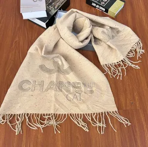 Chanel Beige Cashmere Stole With Double C Logo.