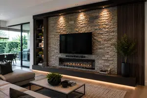 Stylish Living Room Stone Feature Wall Installations