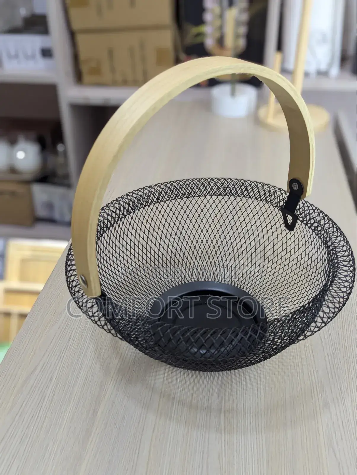 Kitchen Fruit Basket in Black With a Wooden Handle