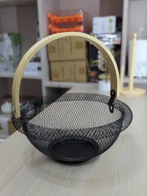 Kitchen Fruit Basket in Black With a Wooden Handle