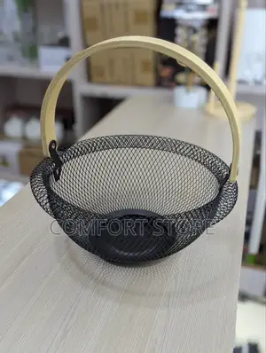 Kitchen Fruit Basket in Black With a Wooden Handle