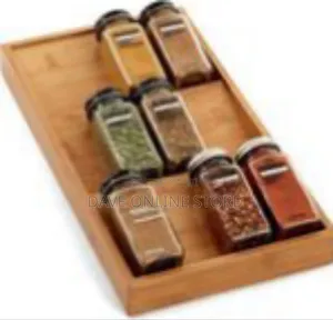 Tiered Bamboo Spice Drawer Organizer and Glass Jar Set