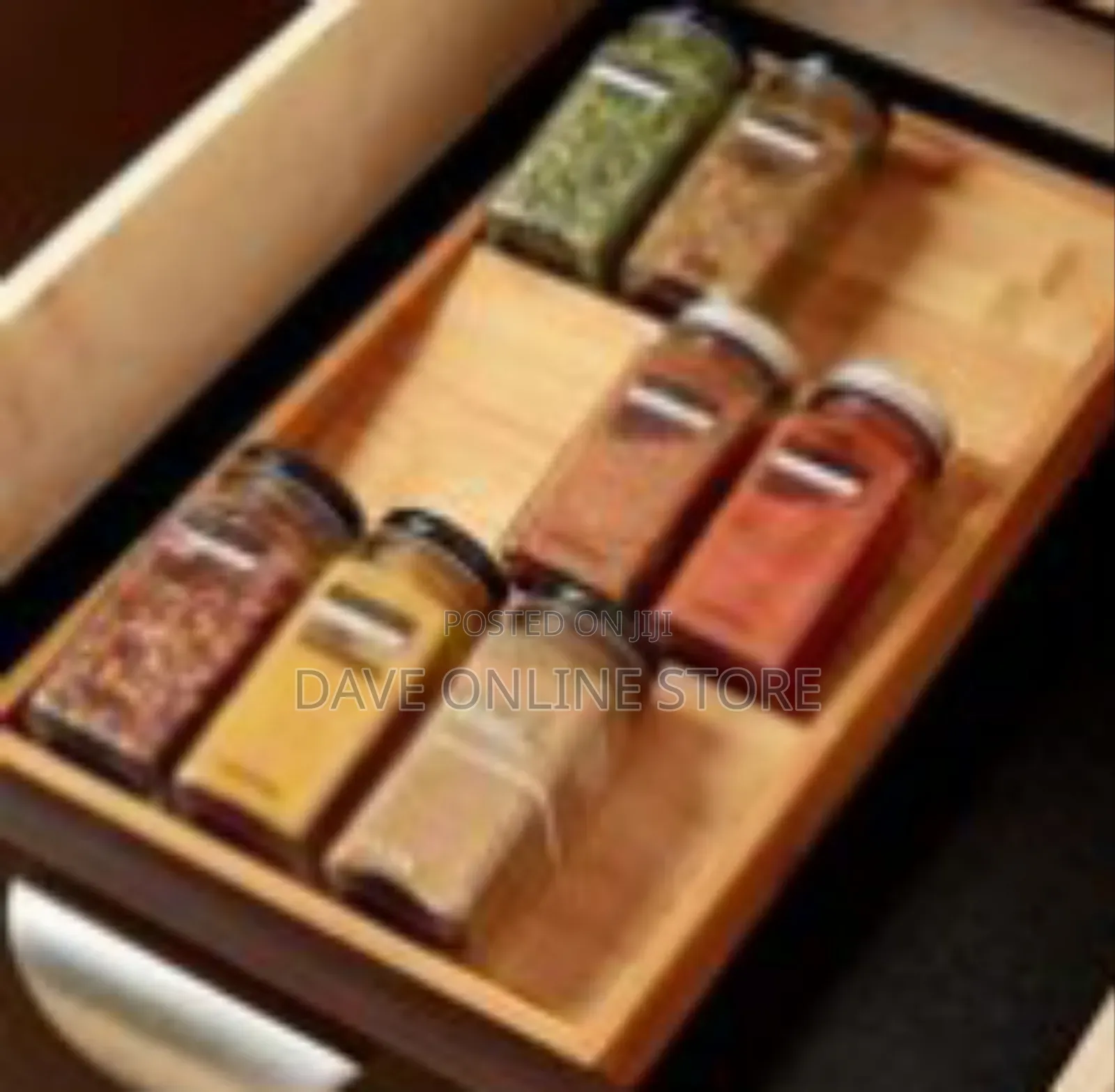 Tiered Bamboo Spice Drawer Organizer and Glass Jar Set