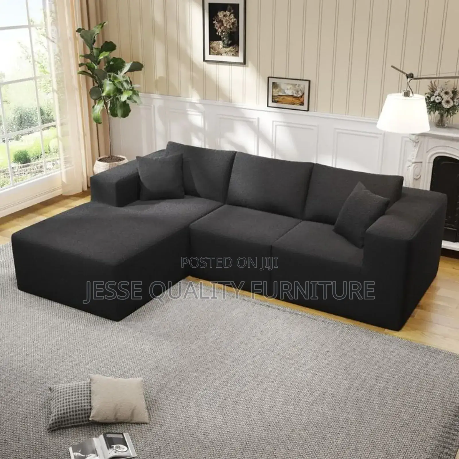 Black Fabric L Sofa Seater and Sofa Bed