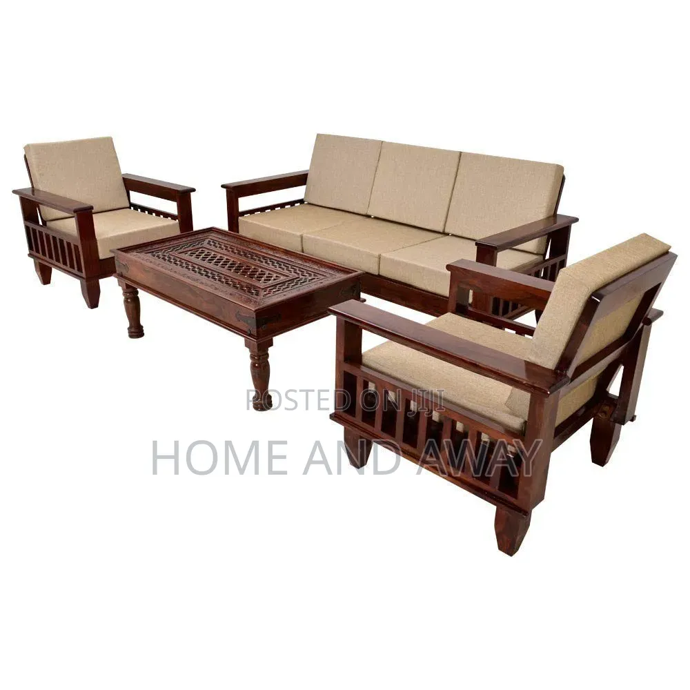 Brown Wooden 5 Seater Sofa Chairs With Center Table