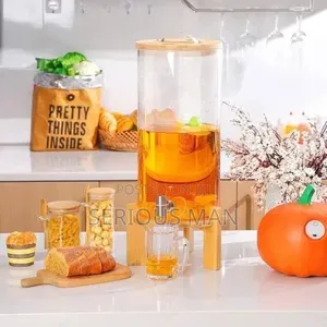 Glass Beverage Dispenser With Wooden Stand - Clear