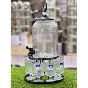 4l Ribbed Glass Beverage Dispenser With Tap + 6 Drinking Glasses Se