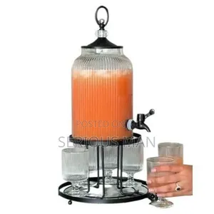 4l Ribbed Glass Beverage Dispenser With Tap + 6 Drinking Glasses Se