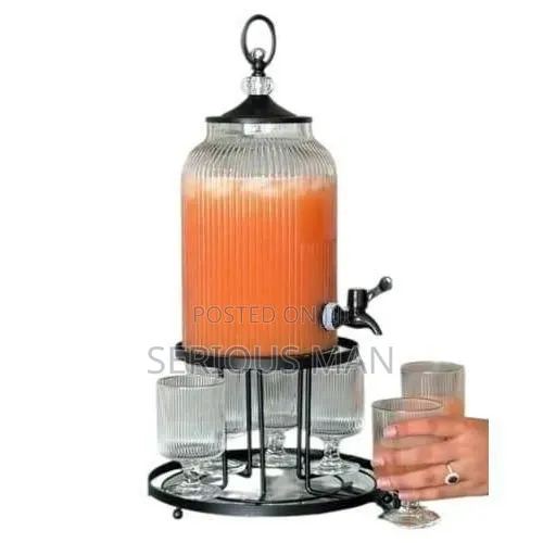 4l Ribbed Glass Beverage Dispenser With Tap + 6 Drinking Glasses Se