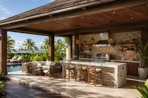 Luxury Tropical Outdoor Kitchen Poolside Lounge