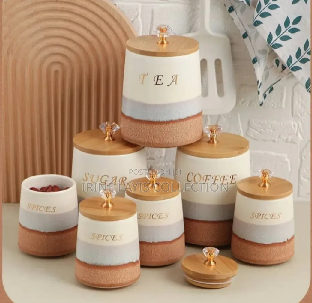 8-Piece Luxury Ceramic Canister and Spice Jar Set With Display Stand.