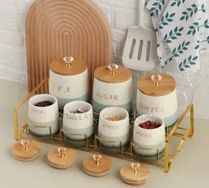 8-Piece Luxury Ceramic Canister and Spice Jar Set With Display Stand.