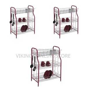3 Tier Stainless Steel Dish Drainer Storage Rack, Red