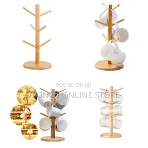 Bamboo Tree Mug Stand Coffee Cup Holder Rack Dryer With 6 Hooks -Brown