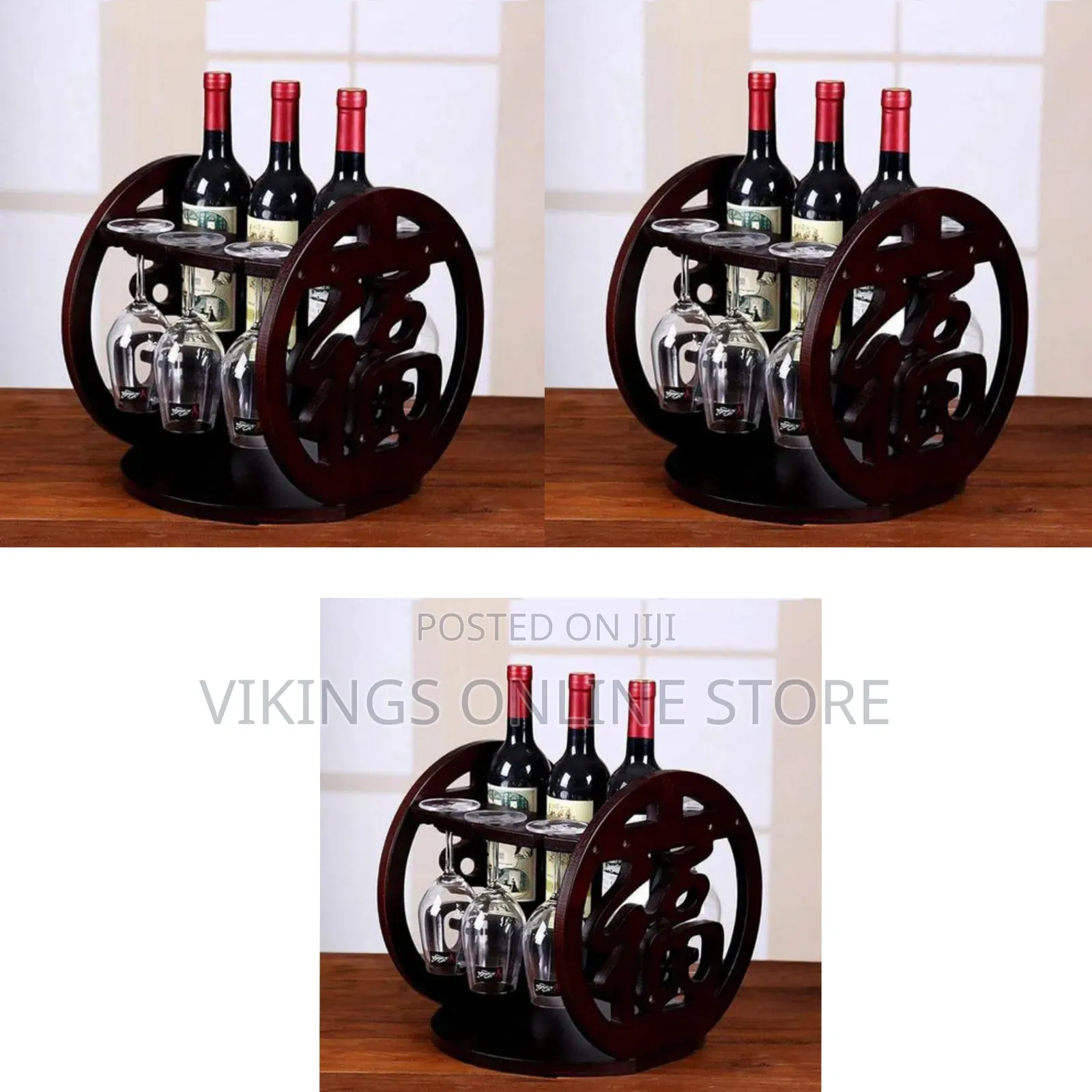 Industrial Tabletop Real Wood Wine Racks Glass Holder for 3 Bottles