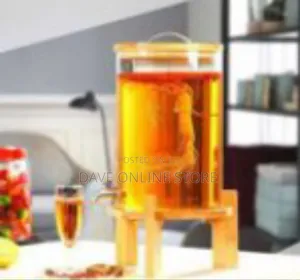 Modern Glass Beverage Dispenser With Wood Stand and Spigot