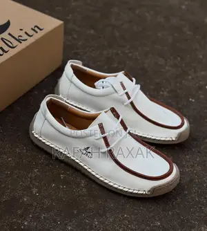 White Salkin Handmade Loafers With Brown Piping