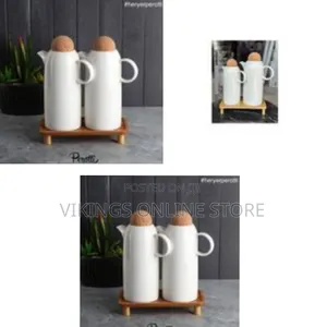 Elegant Ceramic Oil Vinegar Cruet Set With Wooden Tray