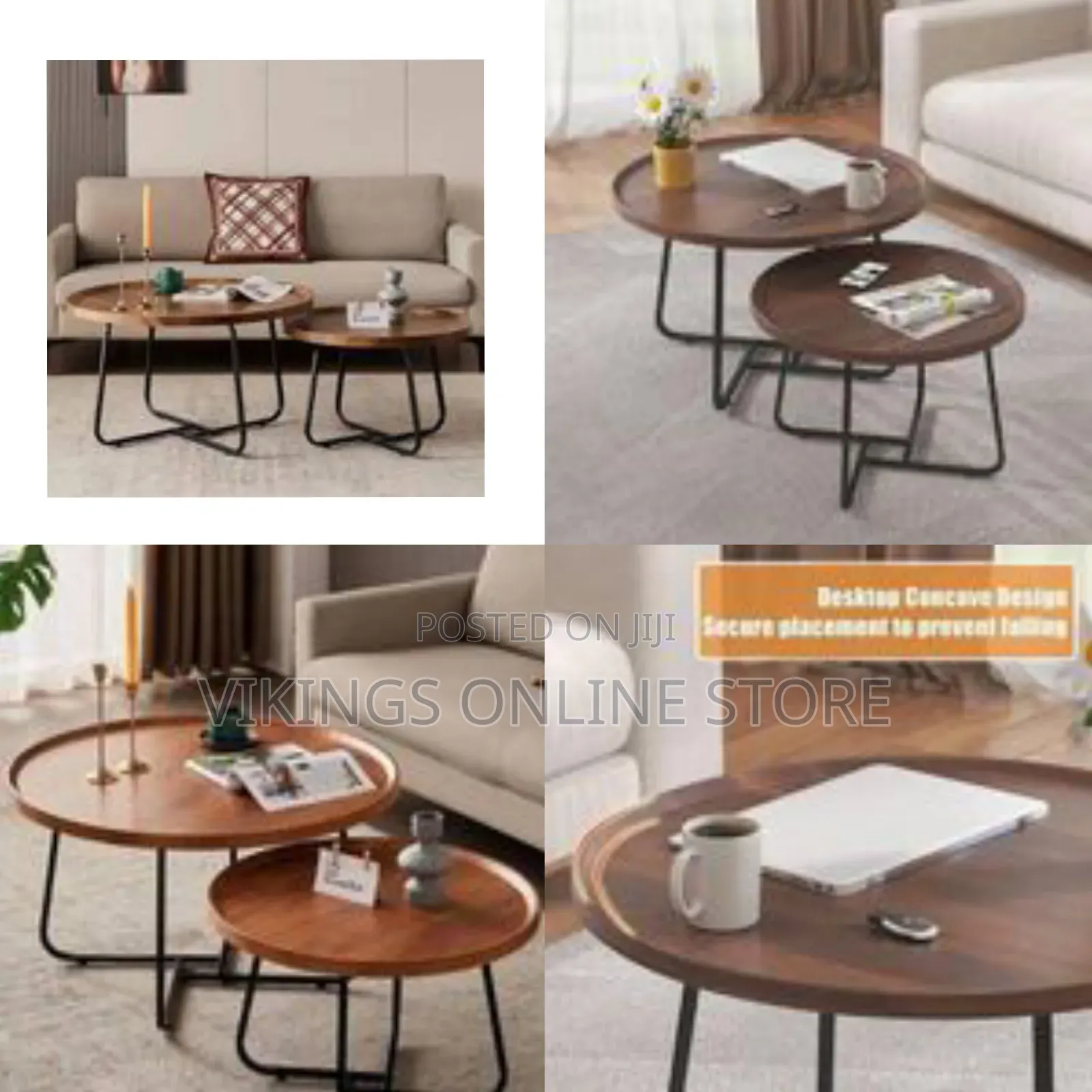 Set of 2 Modern Round Nesting Coffee Tables With Wood Grain Tops