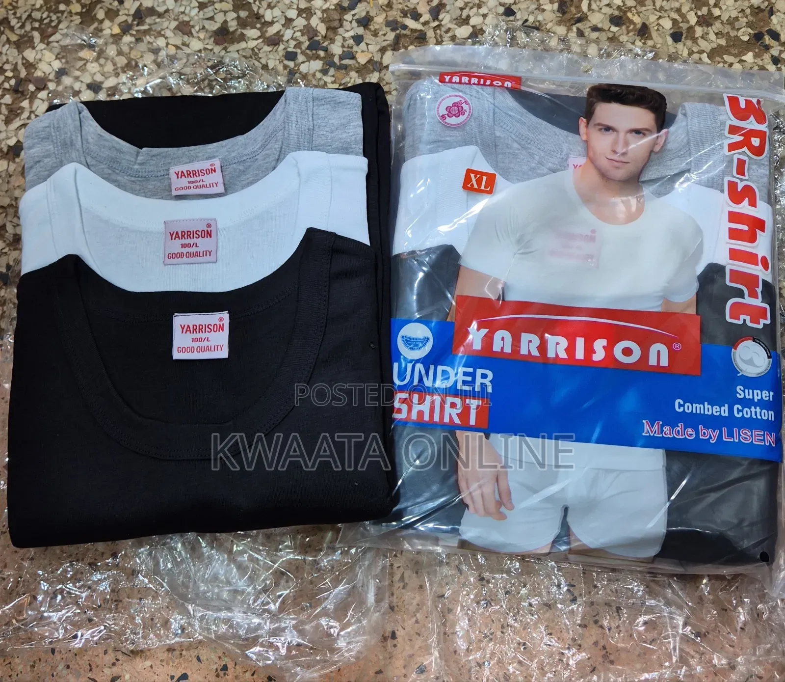 Yarrison Undershirts Round Neck Crew White, Black, Grey 3 Piece Pack